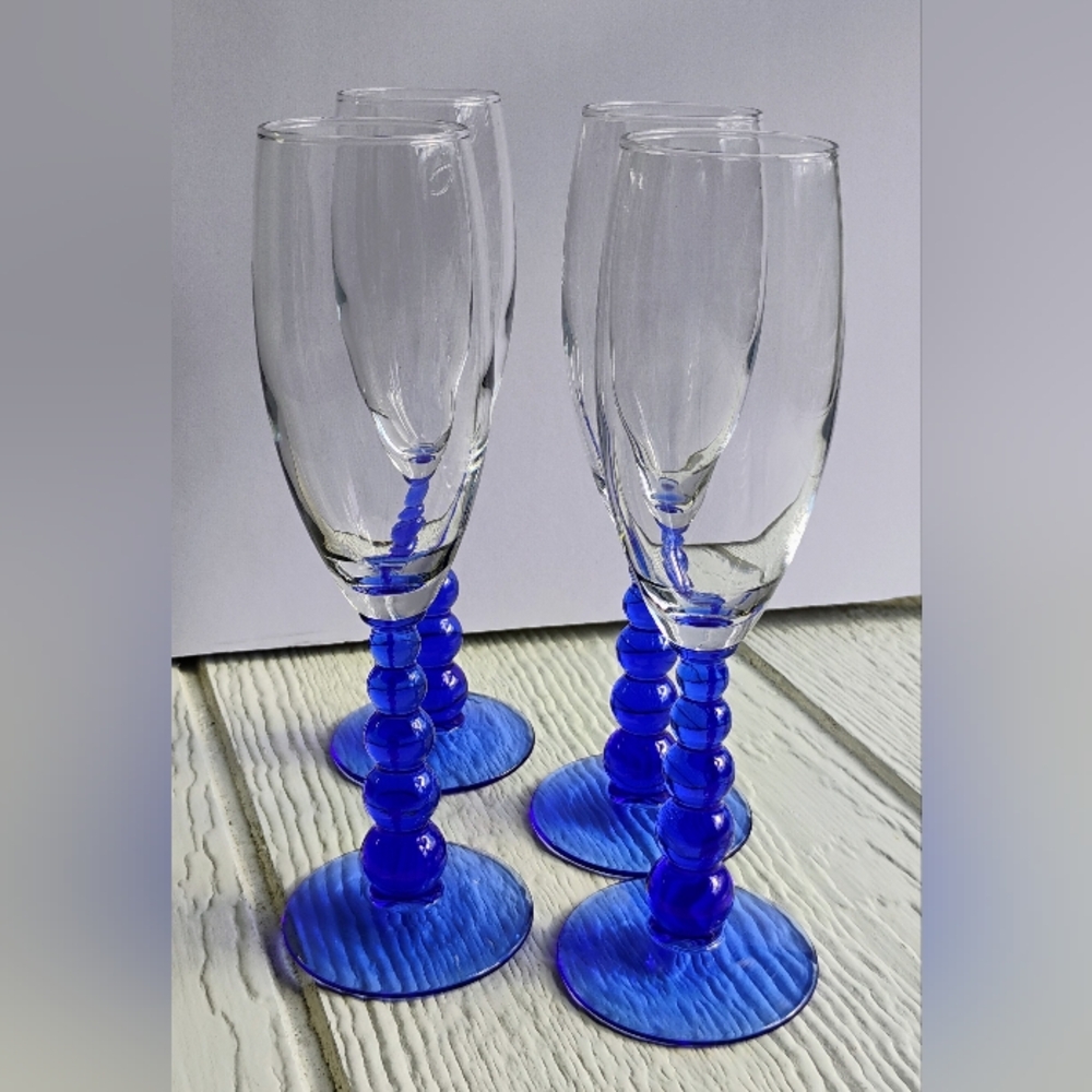 Vintage Metropolitan Blue Libbey Fluted Champagne Glasses 8.75" Set of 4